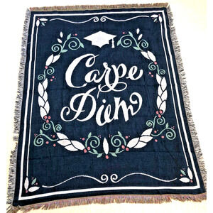 Carpe Diem Throw Blanket Grad Fringed Border Laurel Leaf Victory Blue 50 x 60